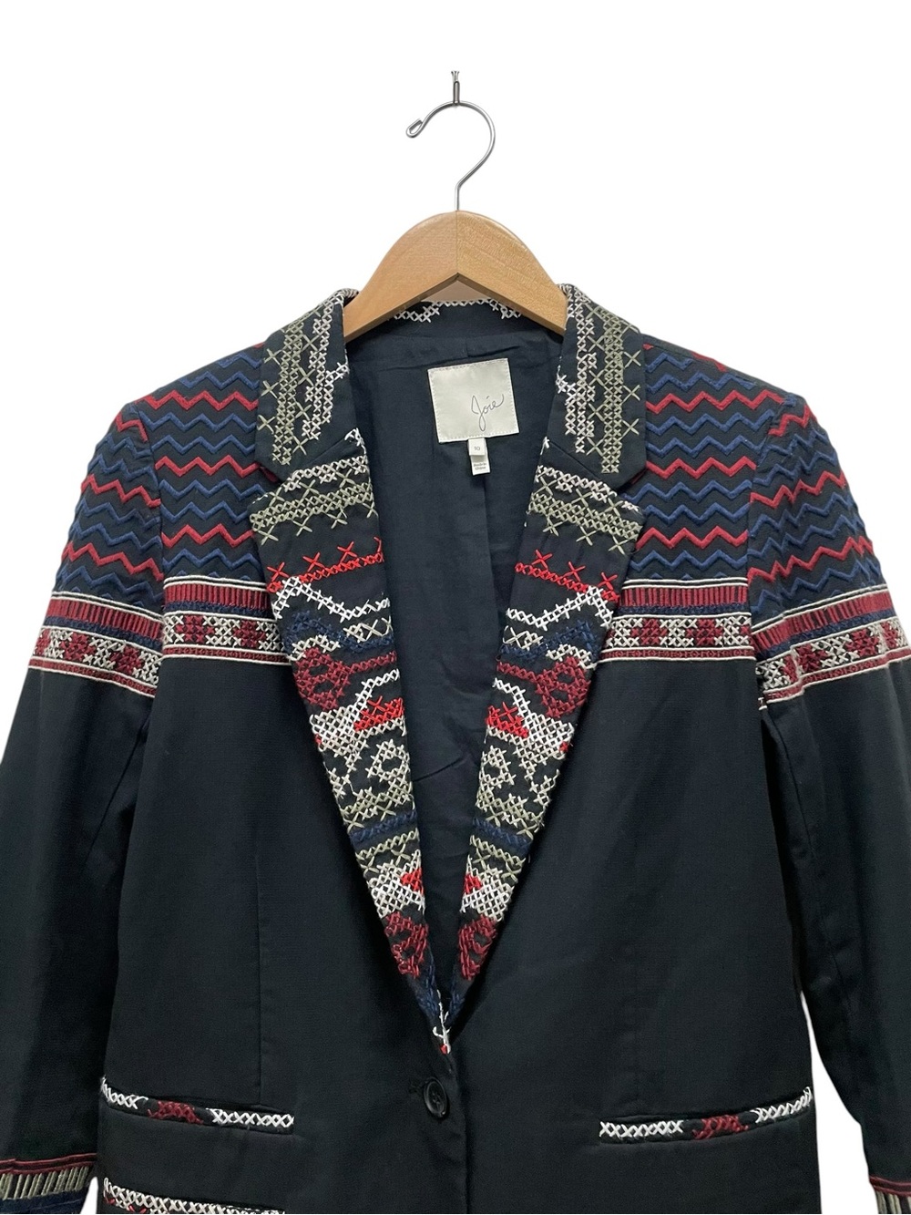 Joie Blazer Size 10 Black Embroidered Southwestern Western Boho Jacket Cotton - Picture 5 of 10